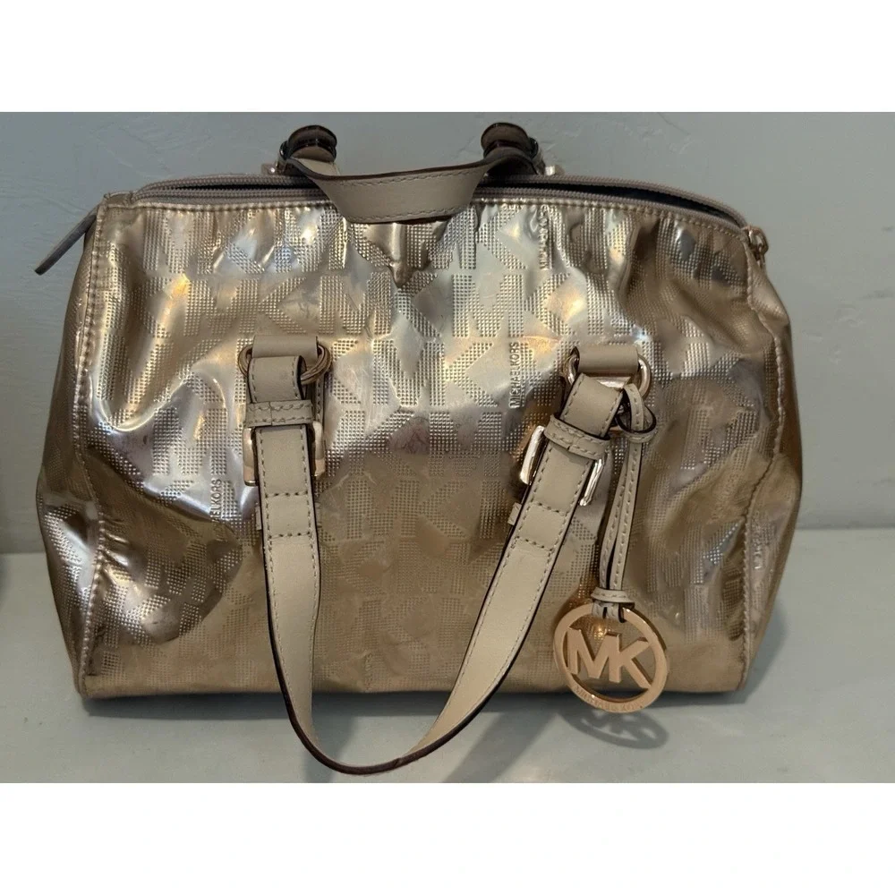 Michael Kors Grayson Satchel‎ Rose Gold Mirror Metallic Logo Monogram Bag Y2K